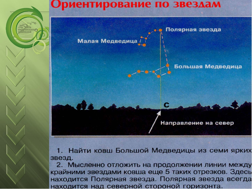 Расположите в направлении. Ориентирование по звездам. Ориентирование по звездам Полярная звезда. Способы ориентирования по звездам. Способы ориентирования на местности по полярной звезде.